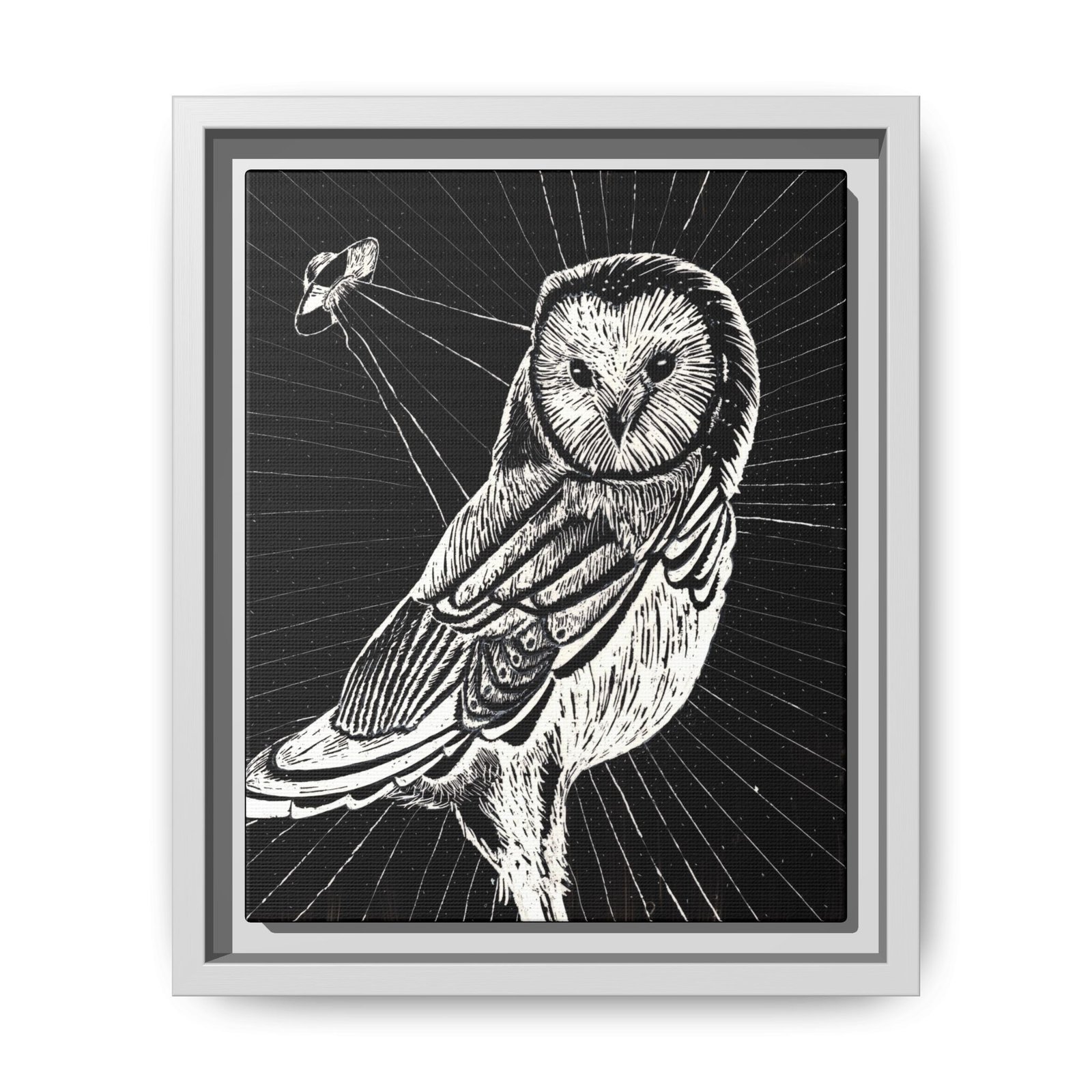 Framed monochrome UFO space owl canvas print with white frame 8 by 10 inches