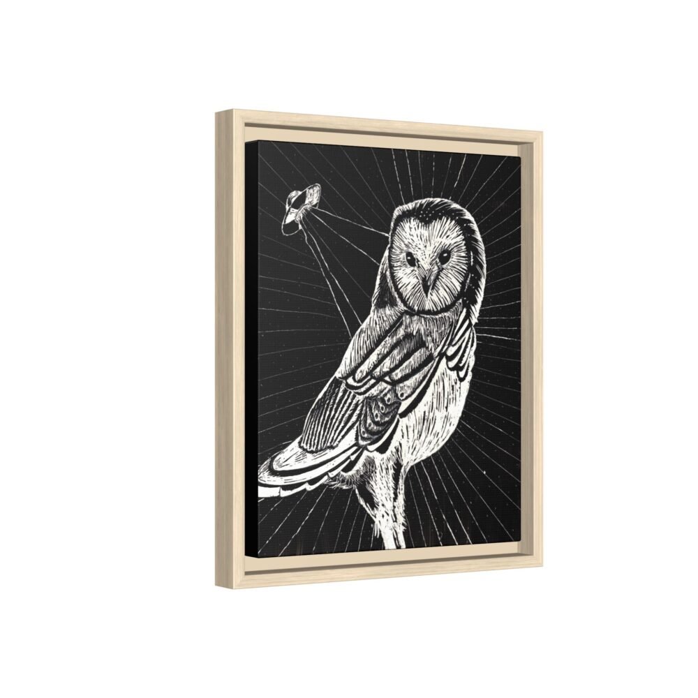 UFO Owl Matte Canvas Framed Print — Black and White Rustic Wall Art