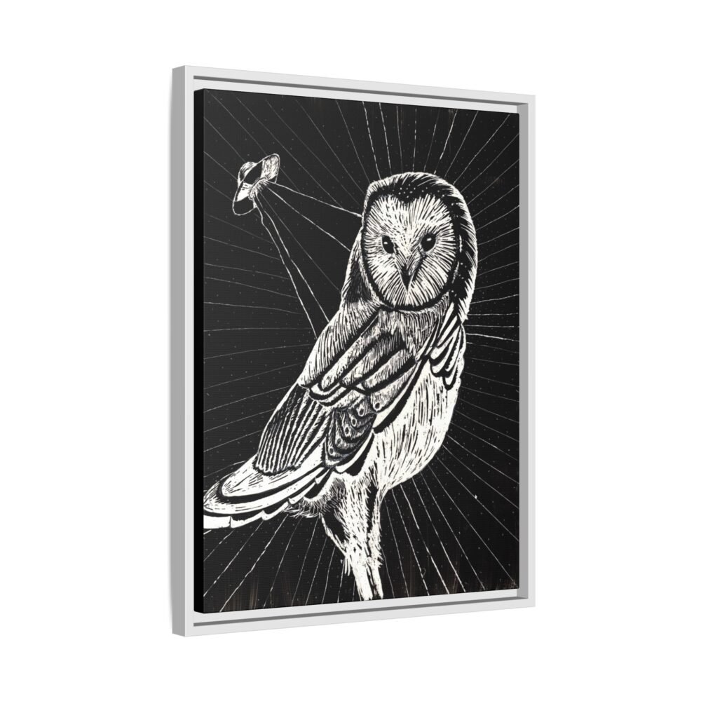 Framed monochrome UFO space owl canvas print with white frame 18 by 24 inches skewed