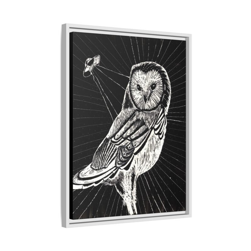 Framed monochrome UFO space owl canvas print with white frame 18 by 24 inches skewed
