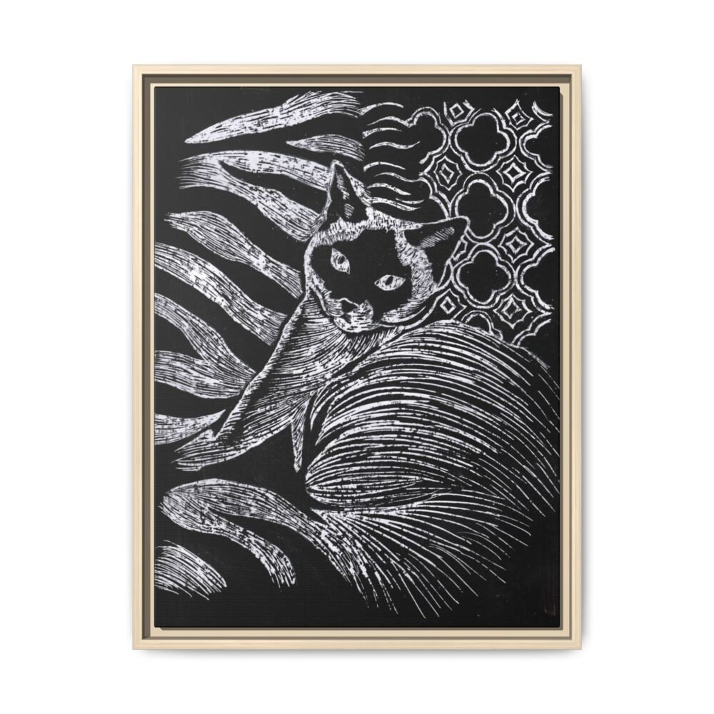 Monochrome Etched Siamese Cat Framed Canvas | Black and White Wall Art