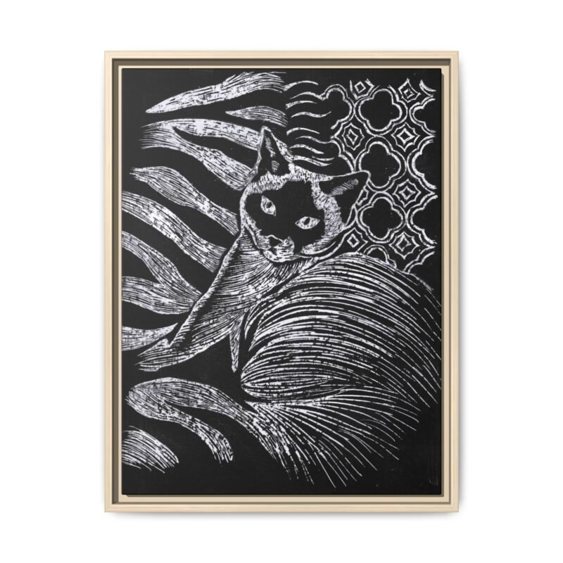 Monochrome Etched Siamese Cat Framed Canvas | Black and White Wall Art - Image 13