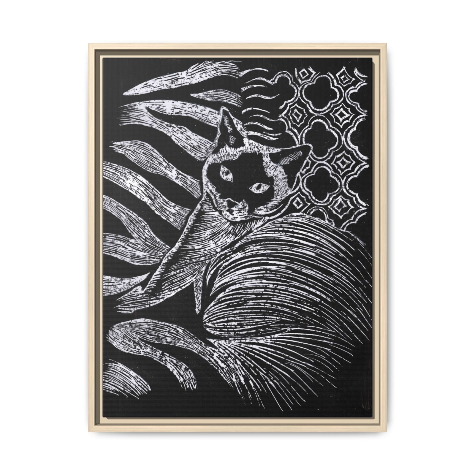 Monochrome Etched Siamese Cat Framed Canvas | Black and White Wall Art - Image 13