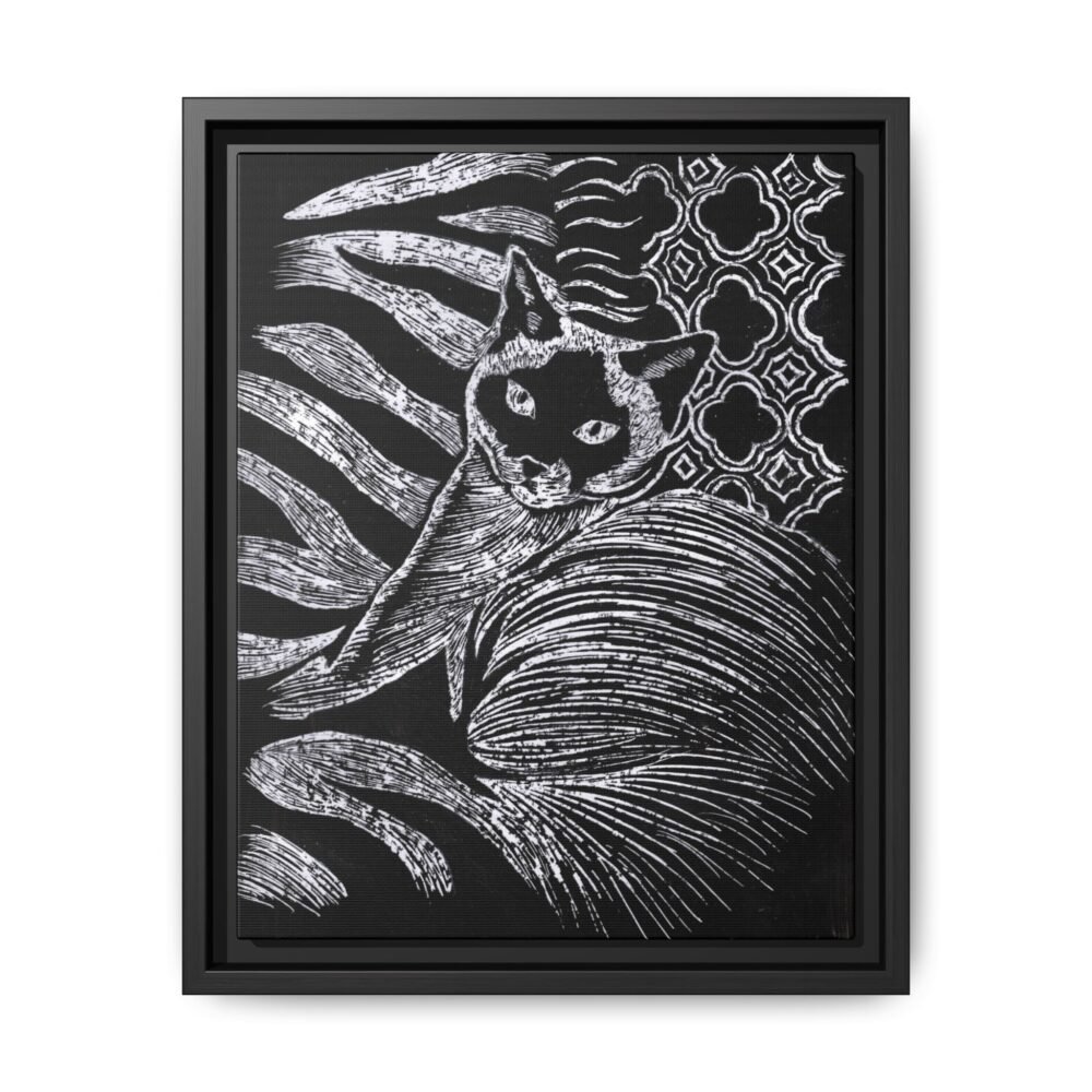 Monochrome Etched Siamese Cat Framed Canvas | Black and White Wall Art