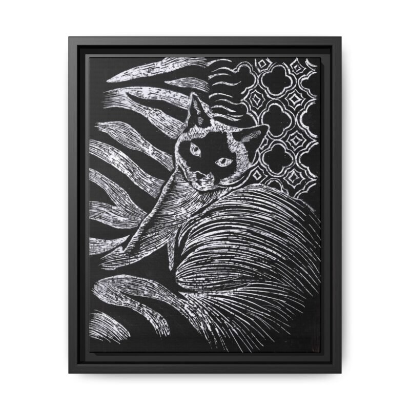 Monochrome Etched Siamese Cat Framed Canvas | Black and White Wall Art - Image 25