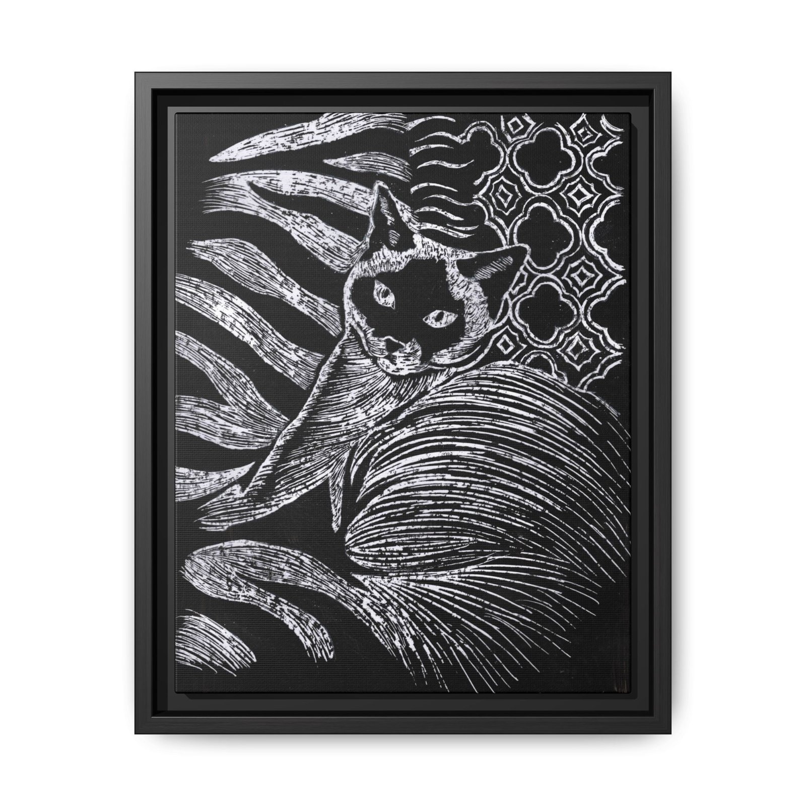 Monochrome Etched Siamese Cat Framed Canvas | Black and White Wall Art - Image 25