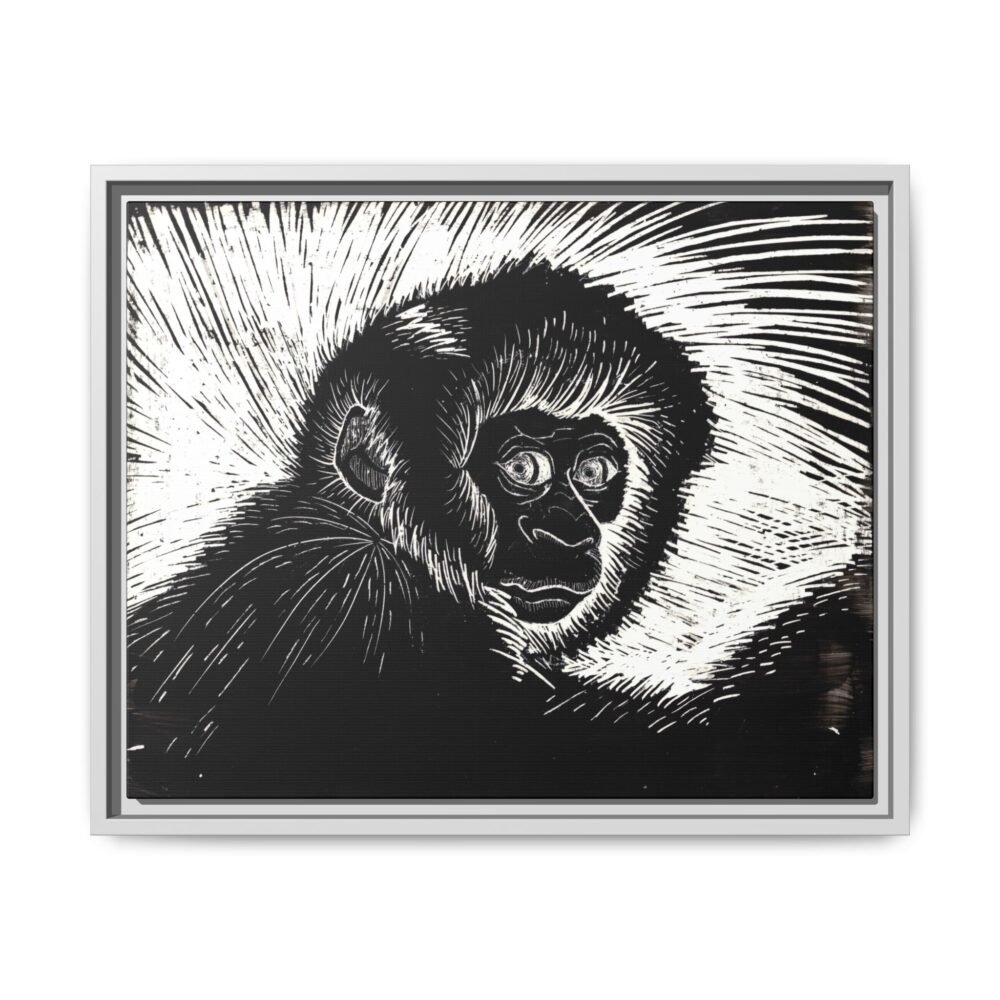 Framed Monkey Monochrome Etching Print | Black and White Matte Canvas Wall Art