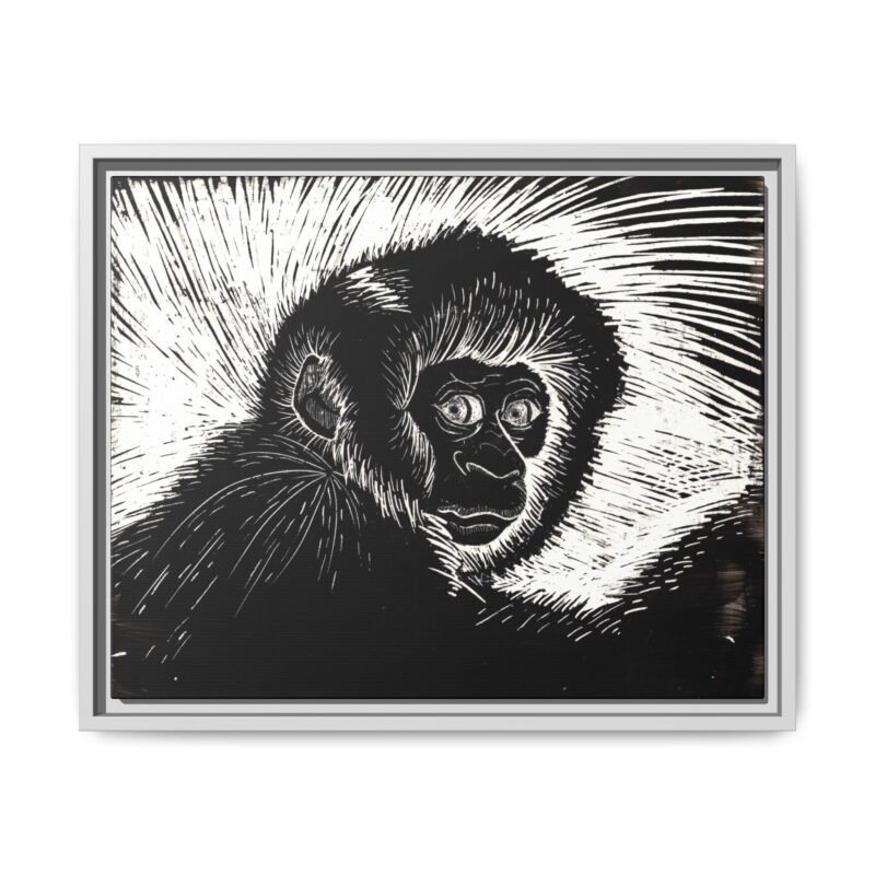 Framed Monkey Monochrome Etching Print | Black and White Matte Canvas Wall Art