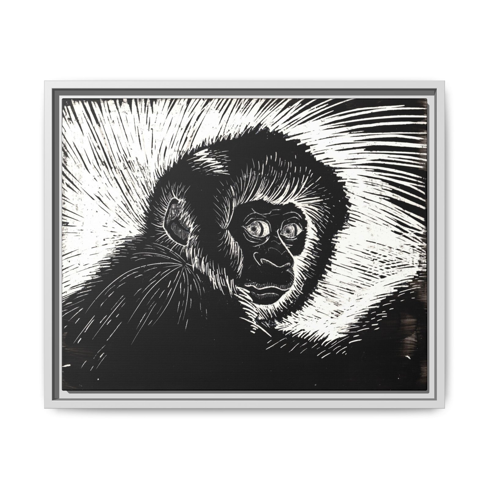 Framed Monkey Monochrome Etching Print | Black and White Matte Canvas Wall Art - Image 1