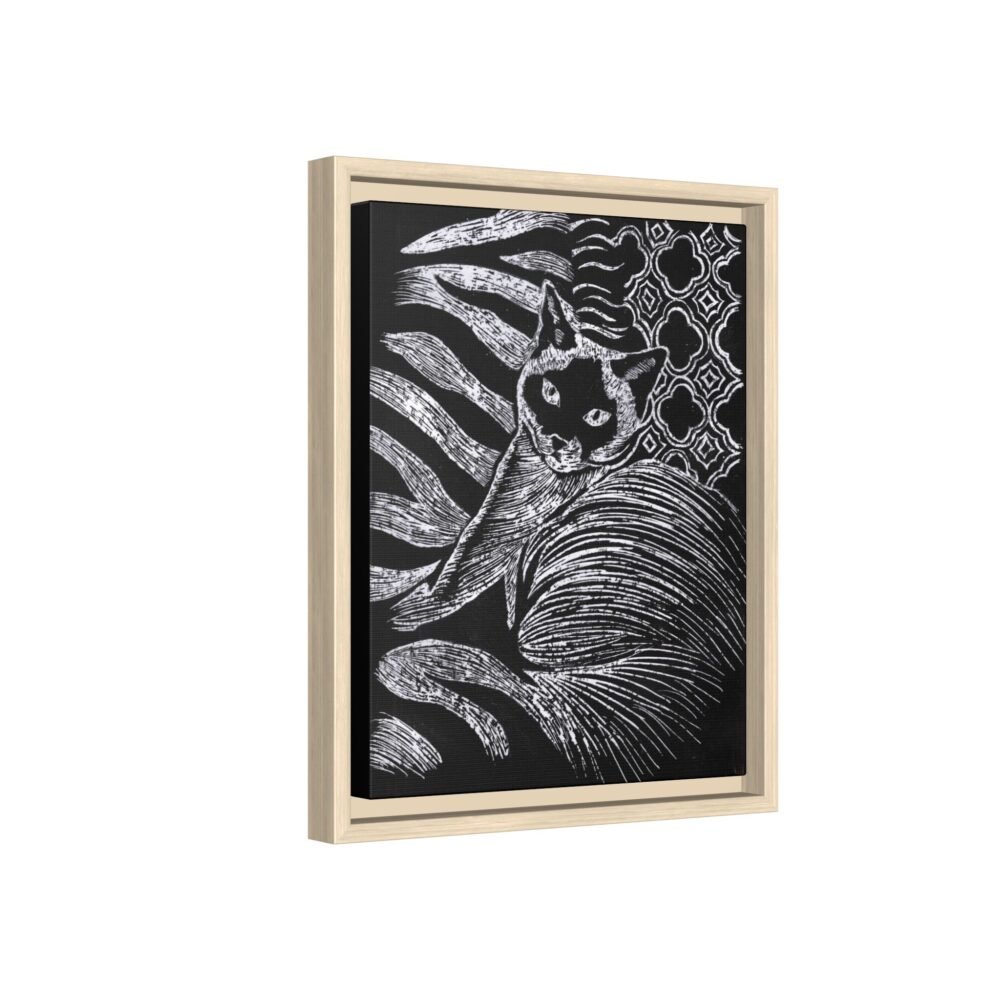 Monochrome Etched Siamese Cat Framed Canvas | Black and White Wall Art