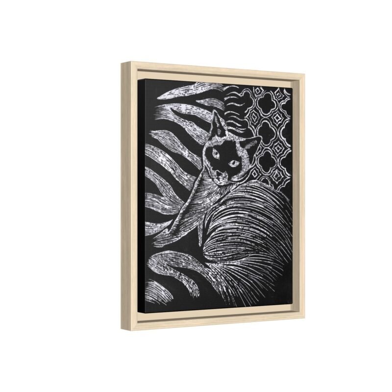 Monochrome Etched Siamese Cat Framed Canvas | Black and White Wall Art - Image 23