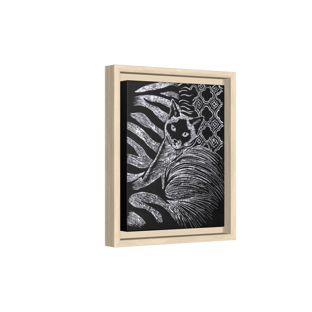 Monochrome Etched Siamese Cat Framed Canvas | Black and White Wall Art