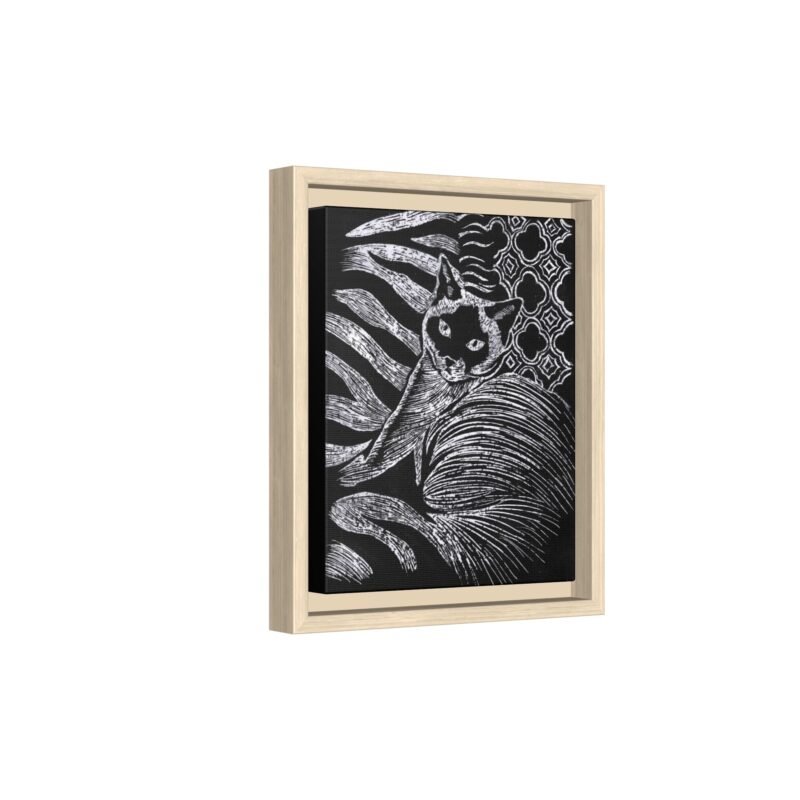 Monochrome Etched Siamese Cat Framed Canvas | Black and White Wall Art - Image 4