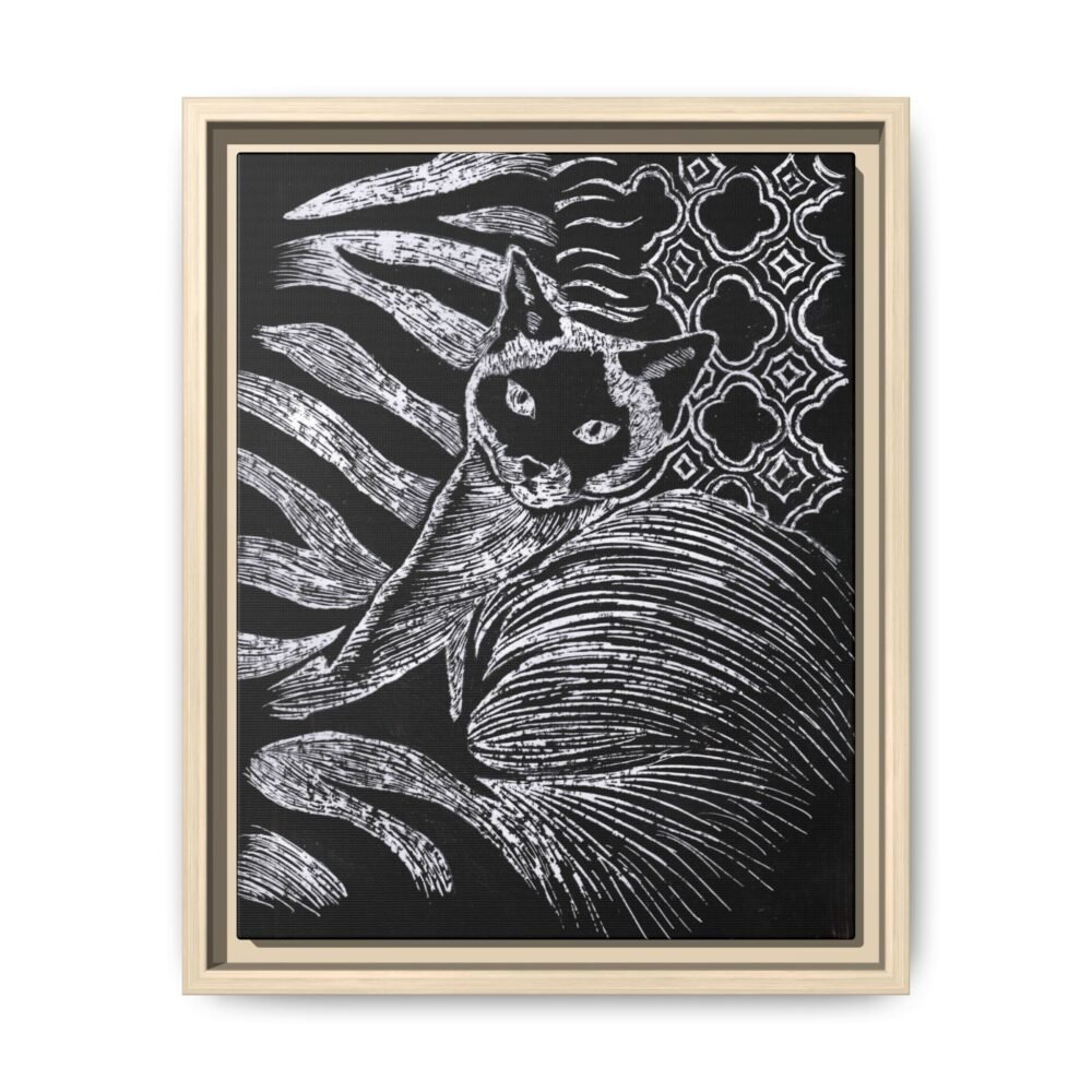 Monochrome Etched Siamese Cat Framed Canvas | Black and White Wall Art