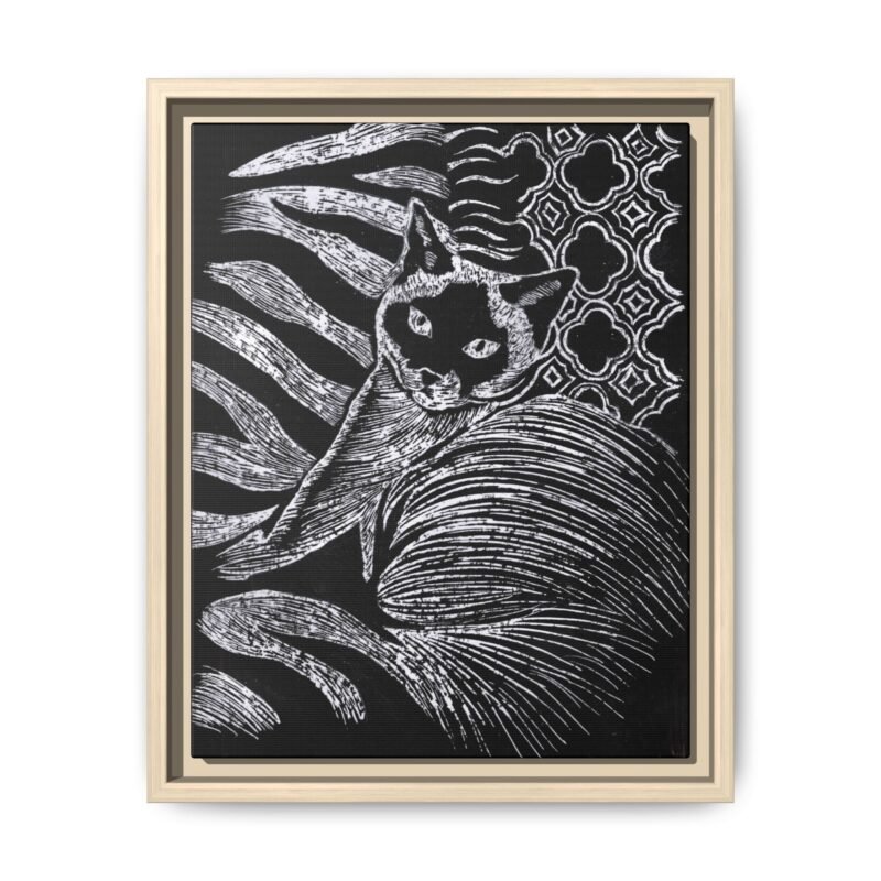 Monochrome Etched Siamese Cat Framed Canvas | Black and White Wall Art - Image 22