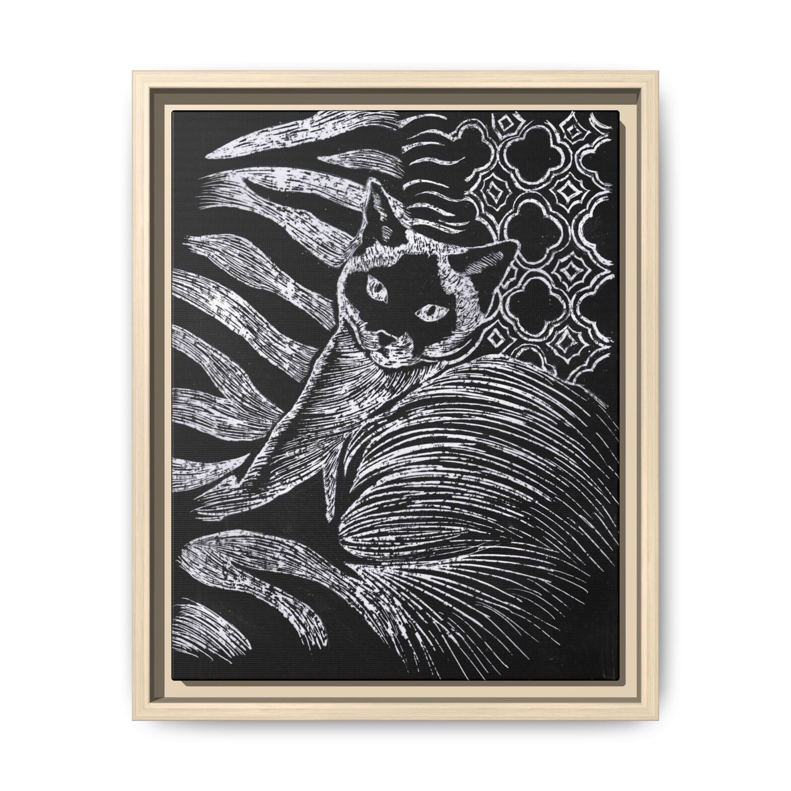 Monochrome Etched Siamese Cat Framed Canvas | Black and White Wall Art - Image 22