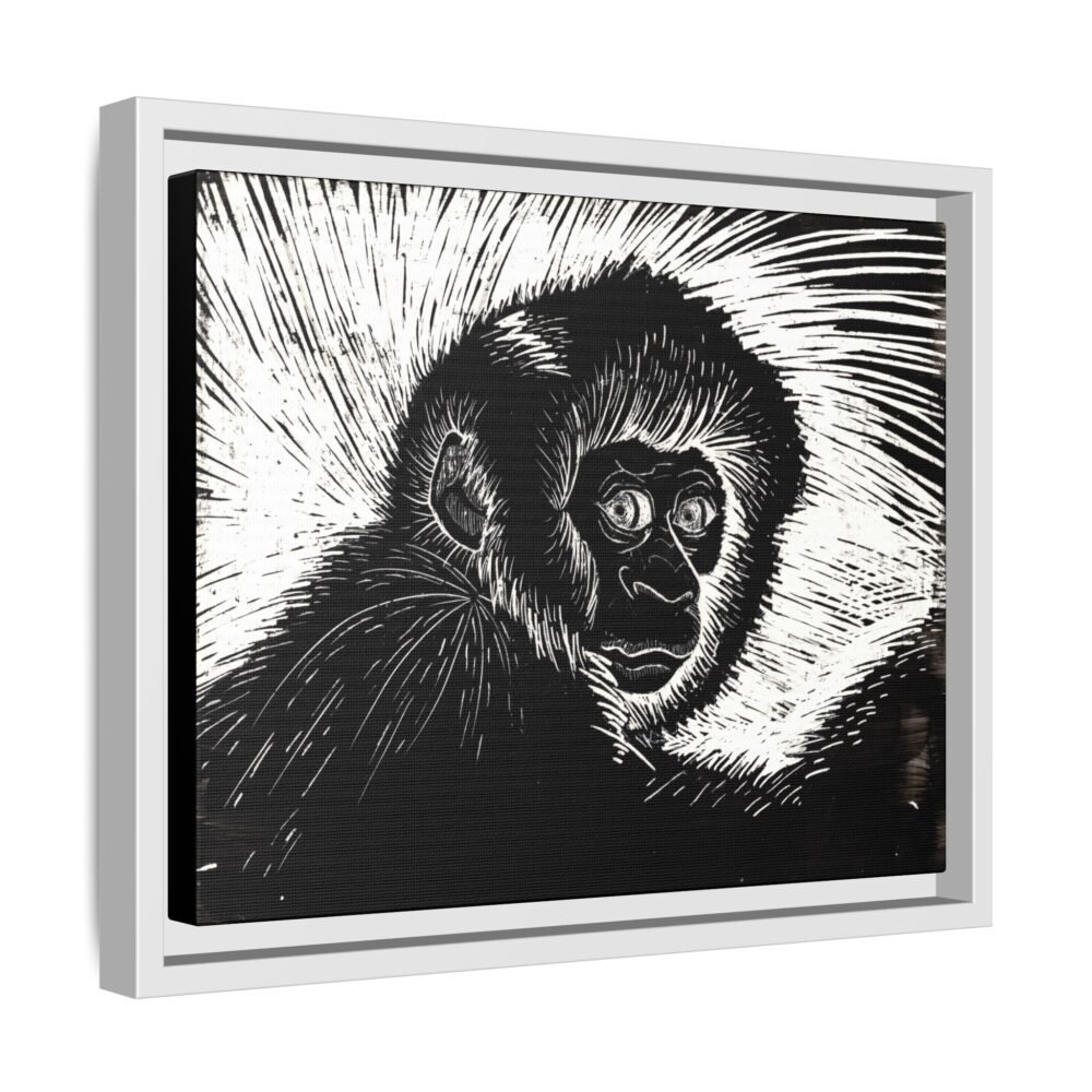 Framed Monkey Monochrome Etching Print | Black and White Matte Canvas Wall Art