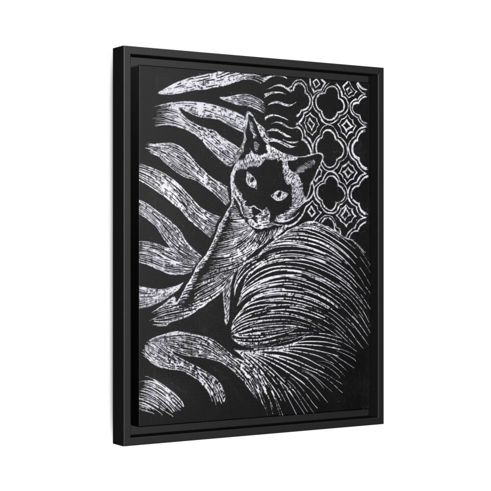 Monochrome Etched Siamese Cat Framed Canvas | Black and White Wall Art