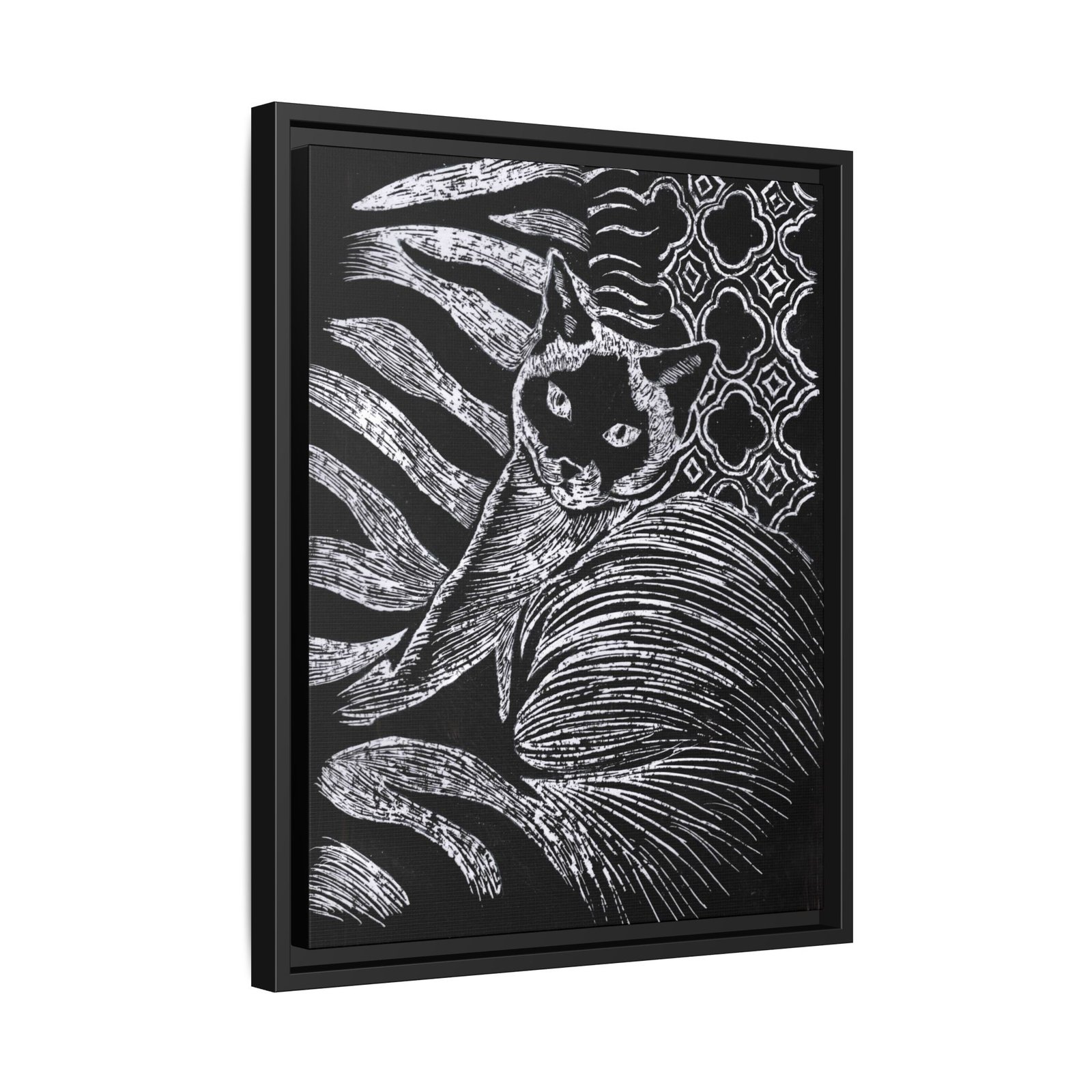 Monochrome Etched Siamese Cat Framed Canvas | Black and White Wall Art - Image 12