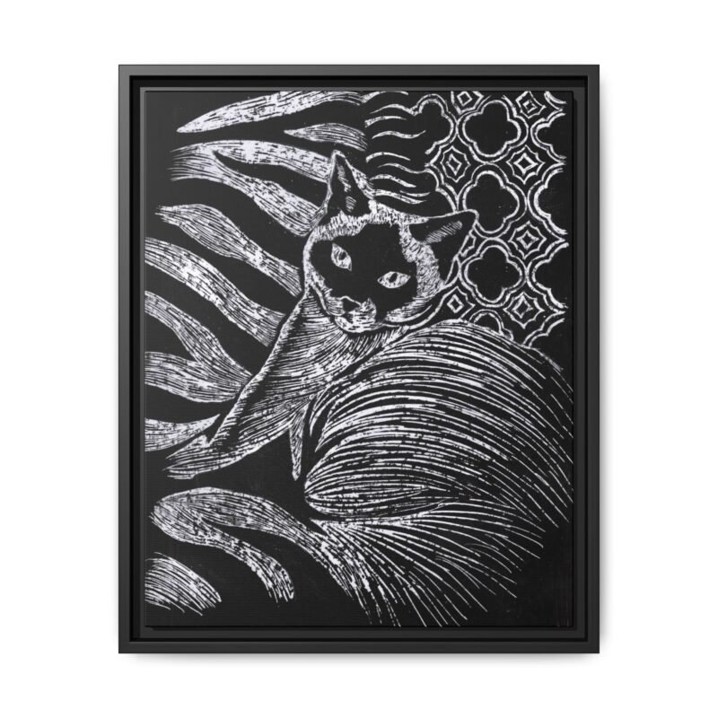 Monochrome Etched Siamese Cat Framed Canvas | Black and White Wall Art - Image 11