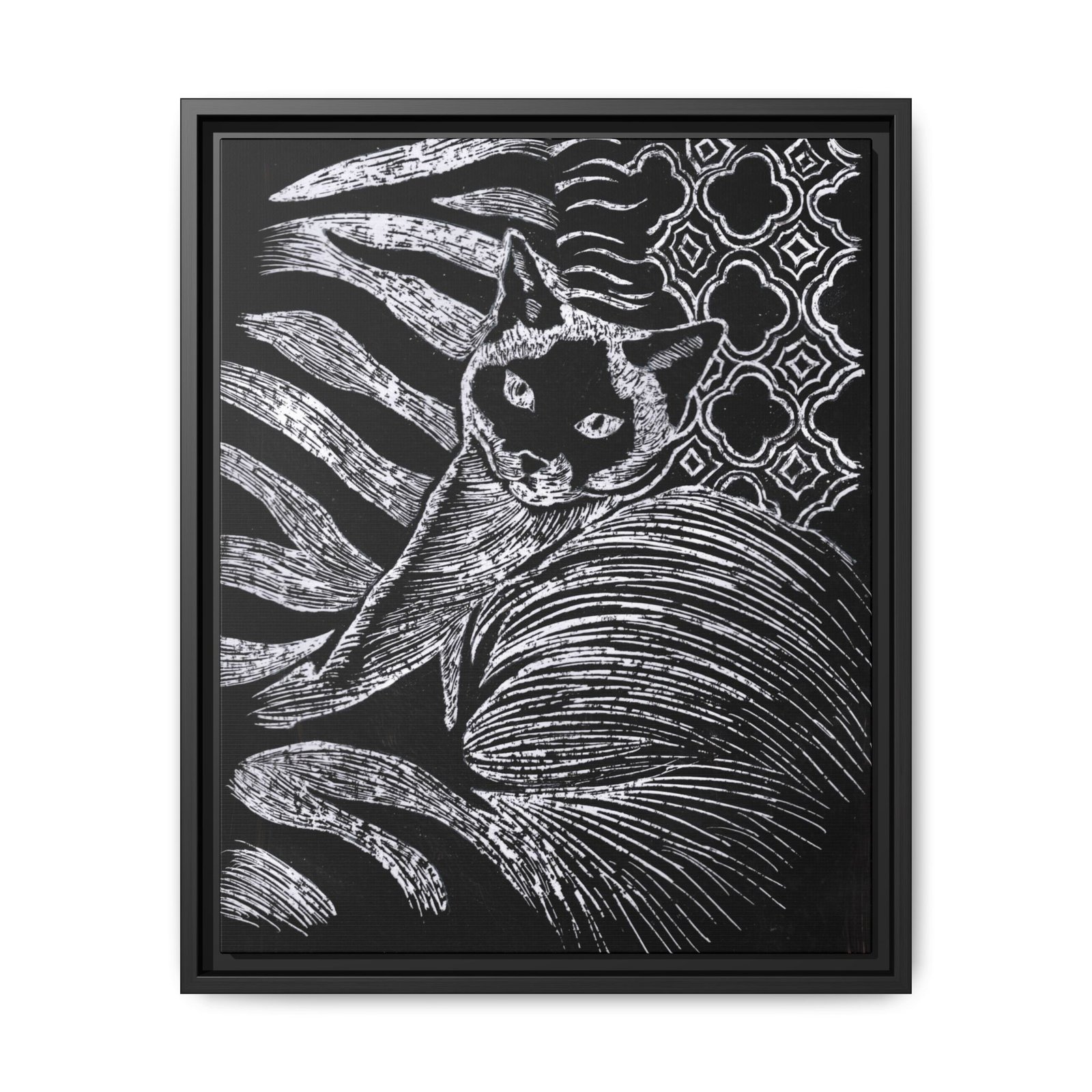 Monochrome Etched Siamese Cat Framed Canvas | Black and White Wall Art - Image 11
