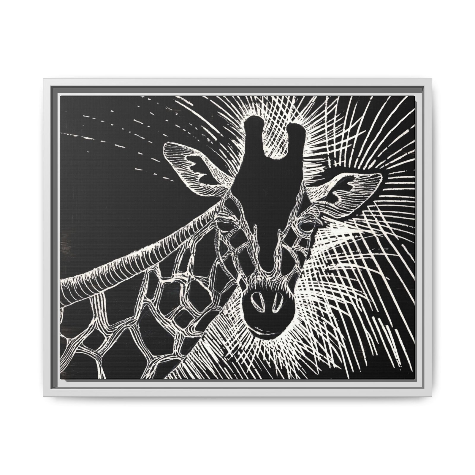 Giraffe Etching Matte Canvas Print | Black & White Framed Wall Art - Image 1
