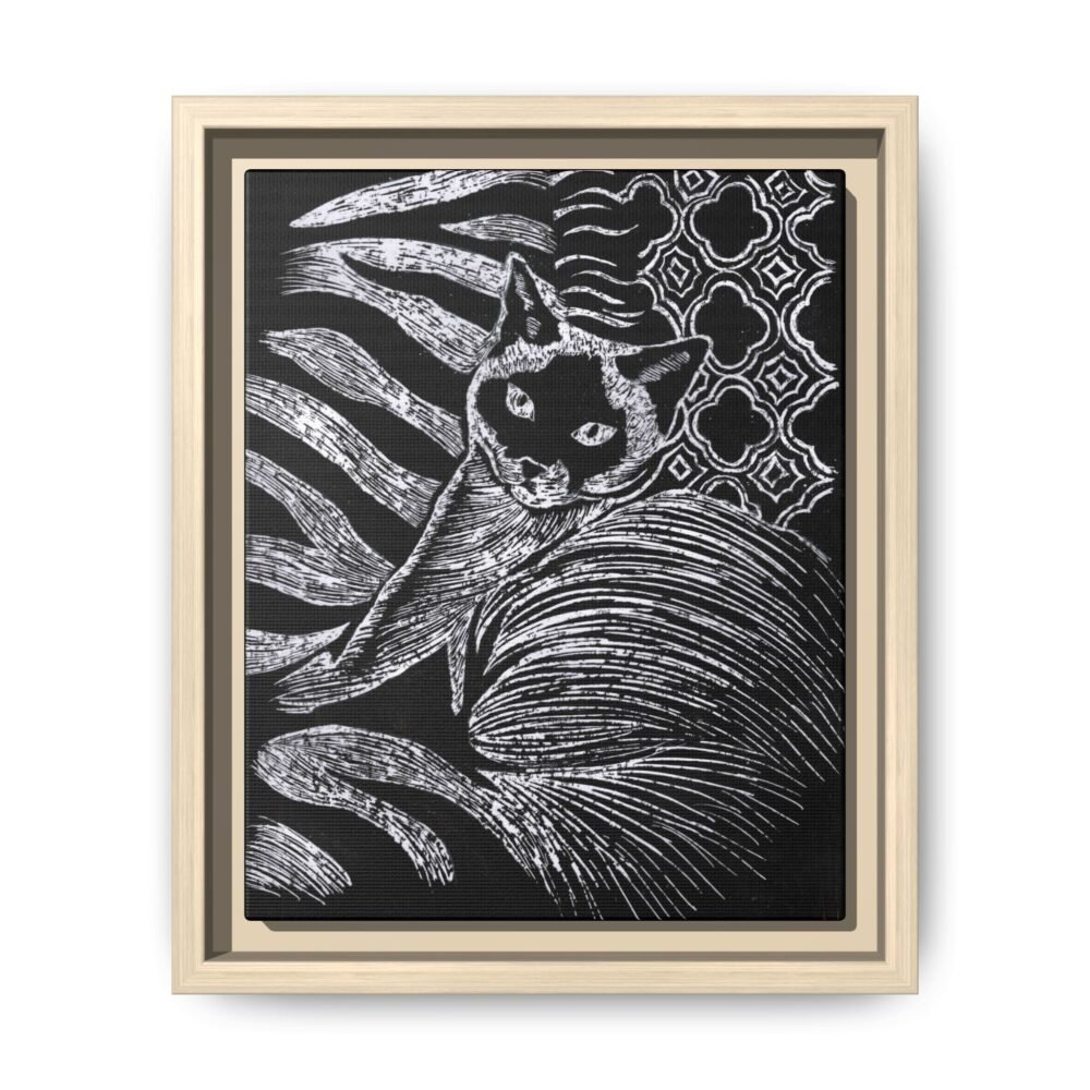 Monochrome Etched Siamese Cat Framed Canvas | Black and White Wall Art