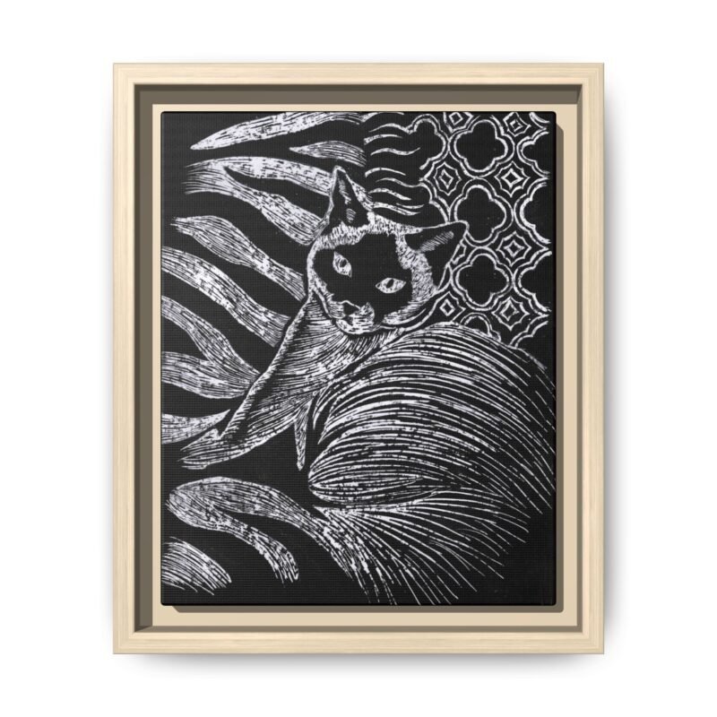Monochrome Etched Siamese Cat Framed Canvas | Black and White Wall Art - Image 3