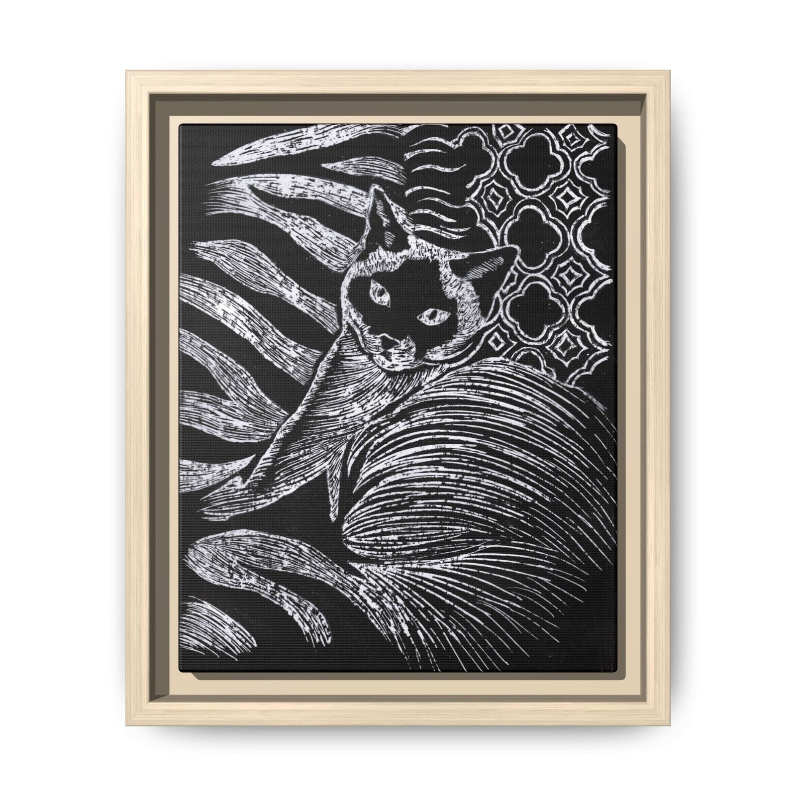 Monochrome Etched Siamese Cat Framed Canvas | Black and White Wall Art - Image 3