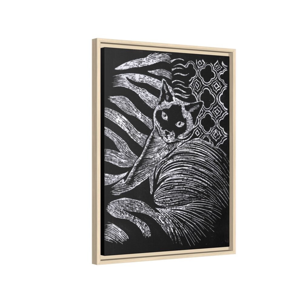 Monochrome Etched Siamese Cat Framed Canvas | Black and White Wall Art