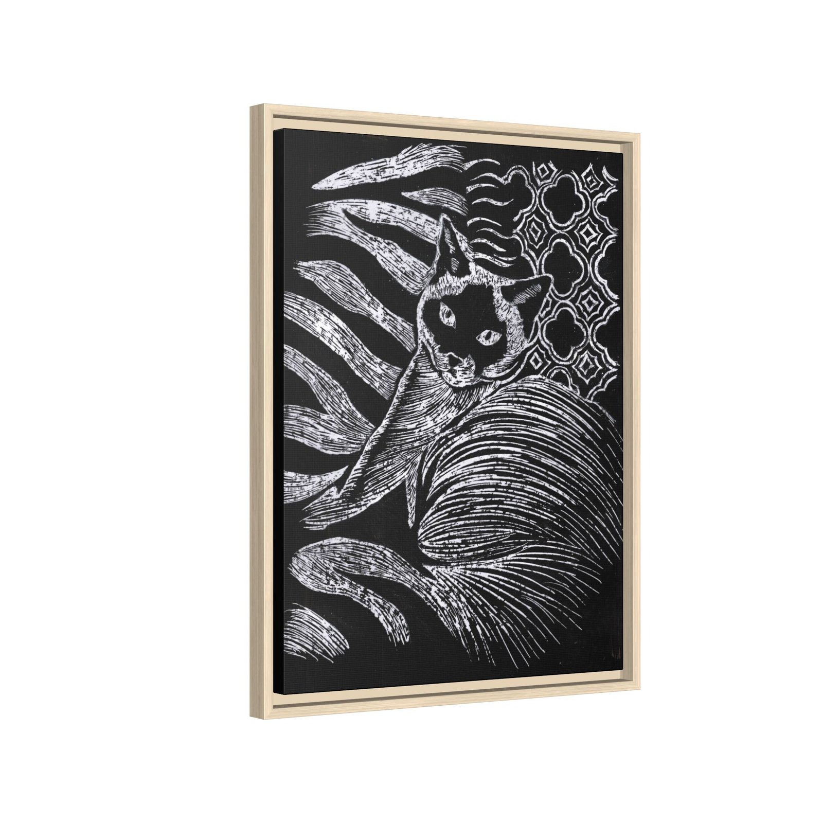 Monochrome Etched Siamese Cat Framed Canvas | Black and White Wall Art - Image 14