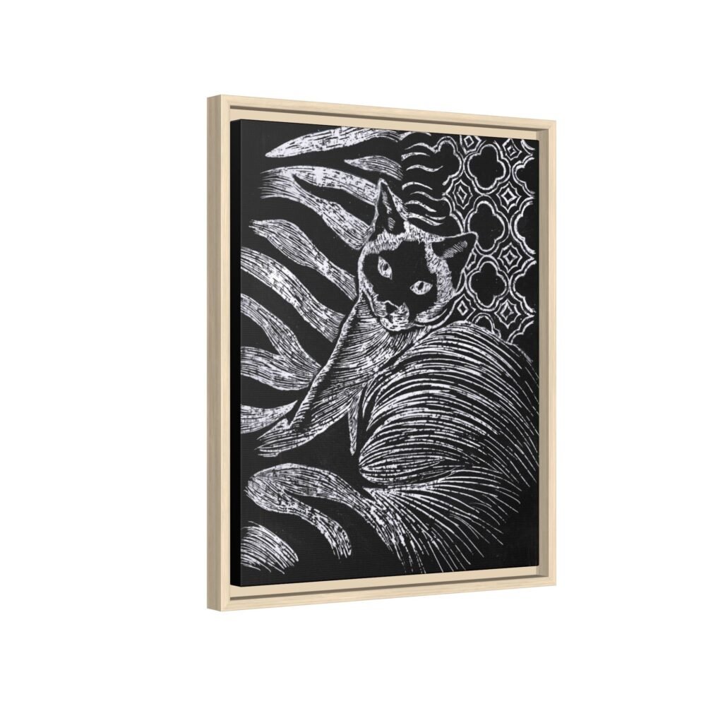 Monochrome Etched Siamese Cat Framed Canvas | Black and White Wall Art