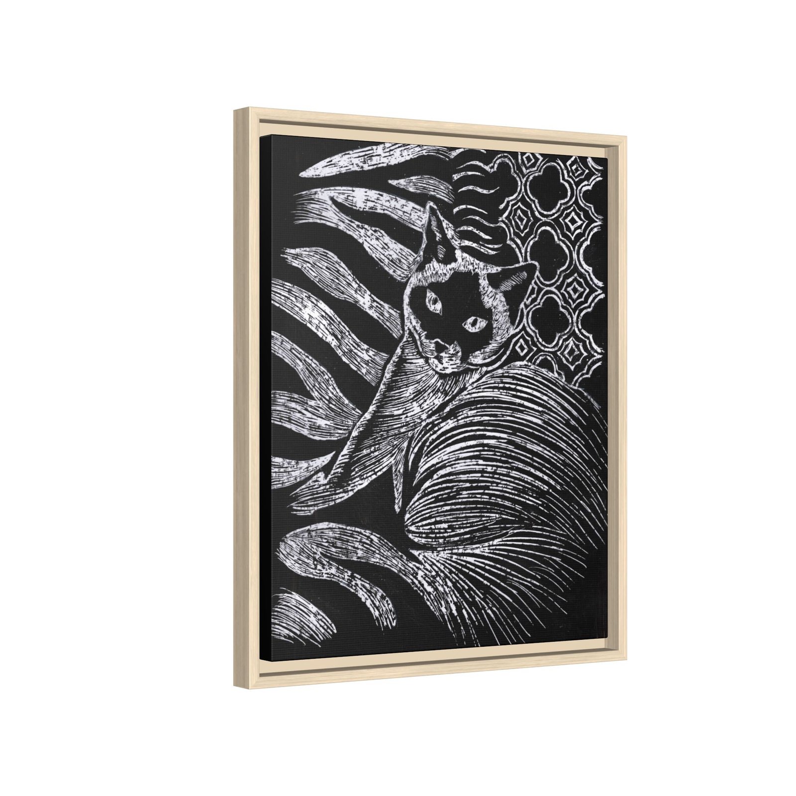 Monochrome Etched Siamese Cat Framed Canvas | Black and White Wall Art - Image 8