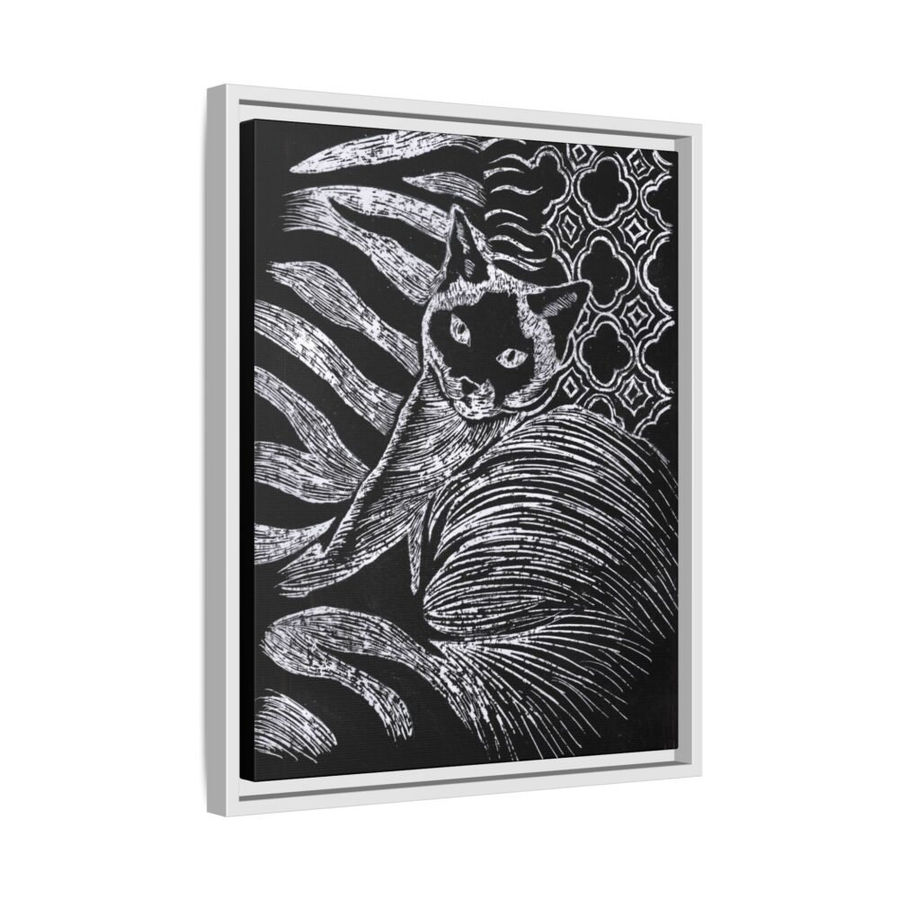 Monochrome Etched Siamese Cat Framed Canvas | Black and White Wall Art