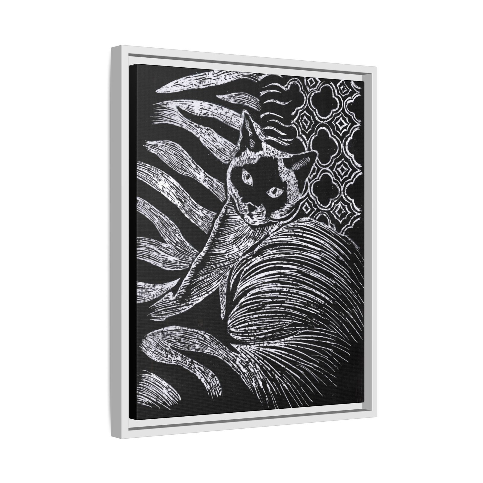 Monochrome Etched Siamese Cat Framed Canvas | Black and White Wall Art - Image 10