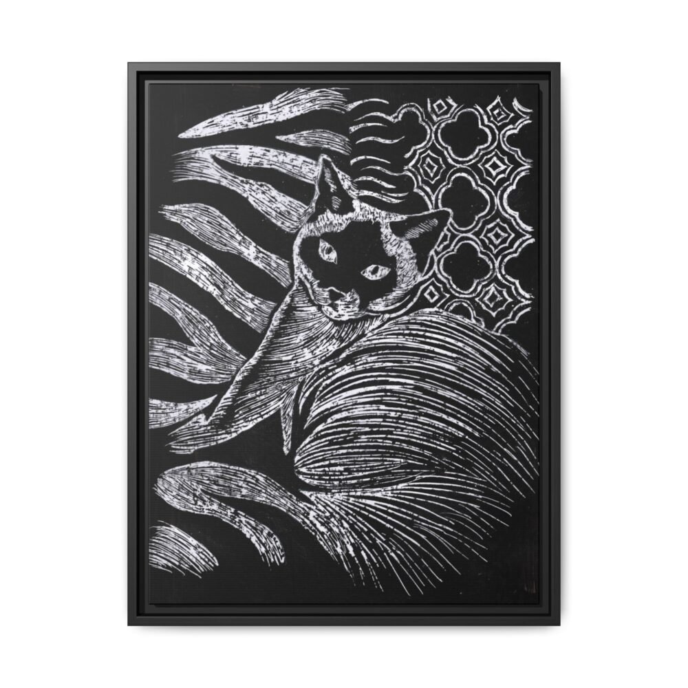 Monochrome Etched Siamese Cat Framed Canvas | Black and White Wall Art