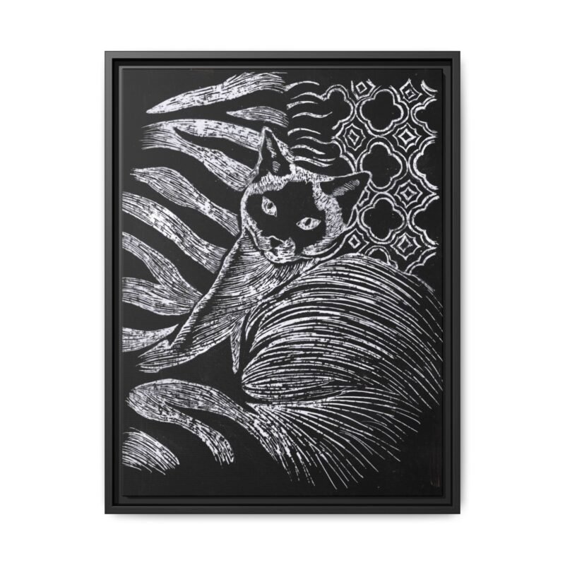 Monochrome Etched Siamese Cat Framed Canvas | Black and White Wall Art - Image 15