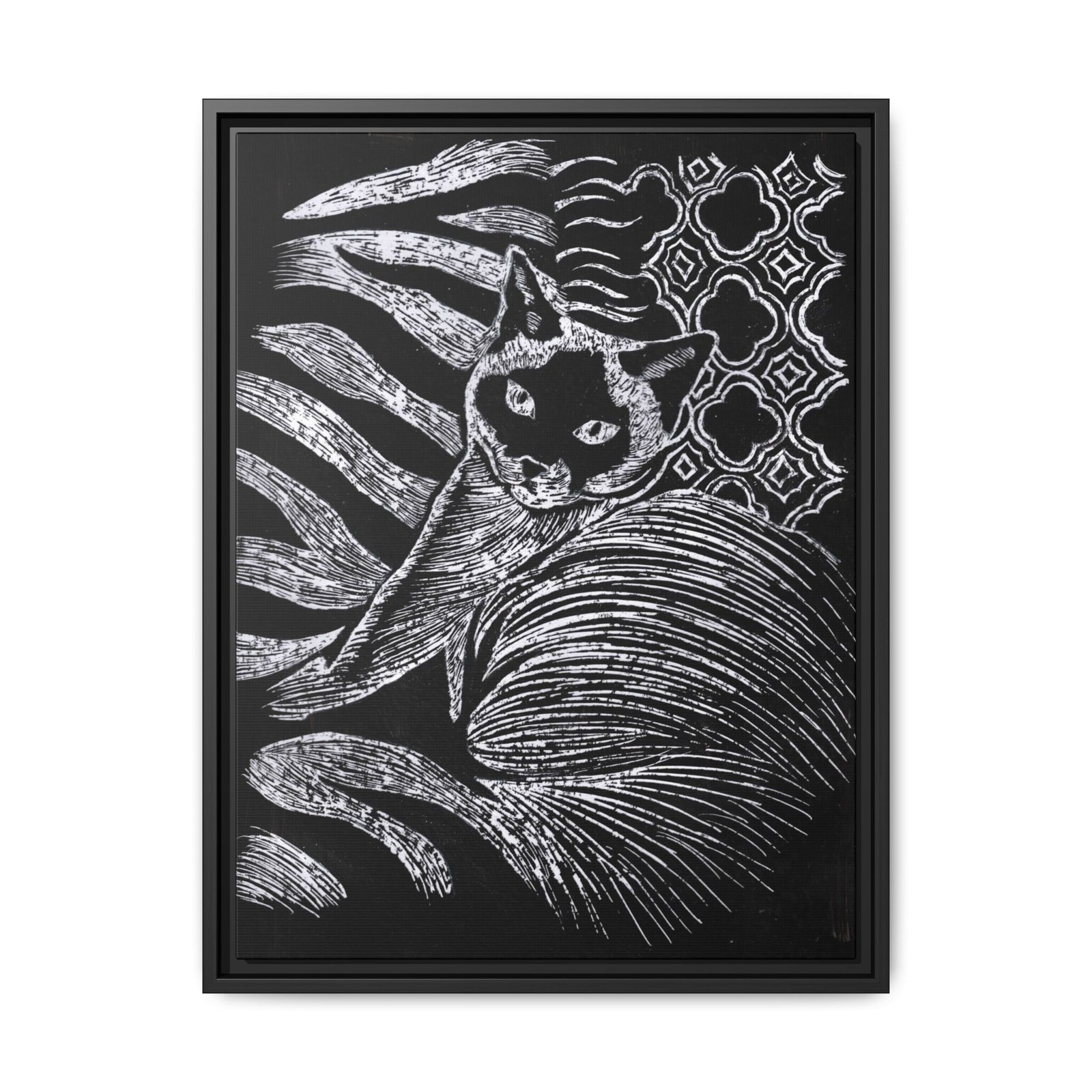 Monochrome Etched Siamese Cat Framed Canvas | Black and White Wall Art - Image 15