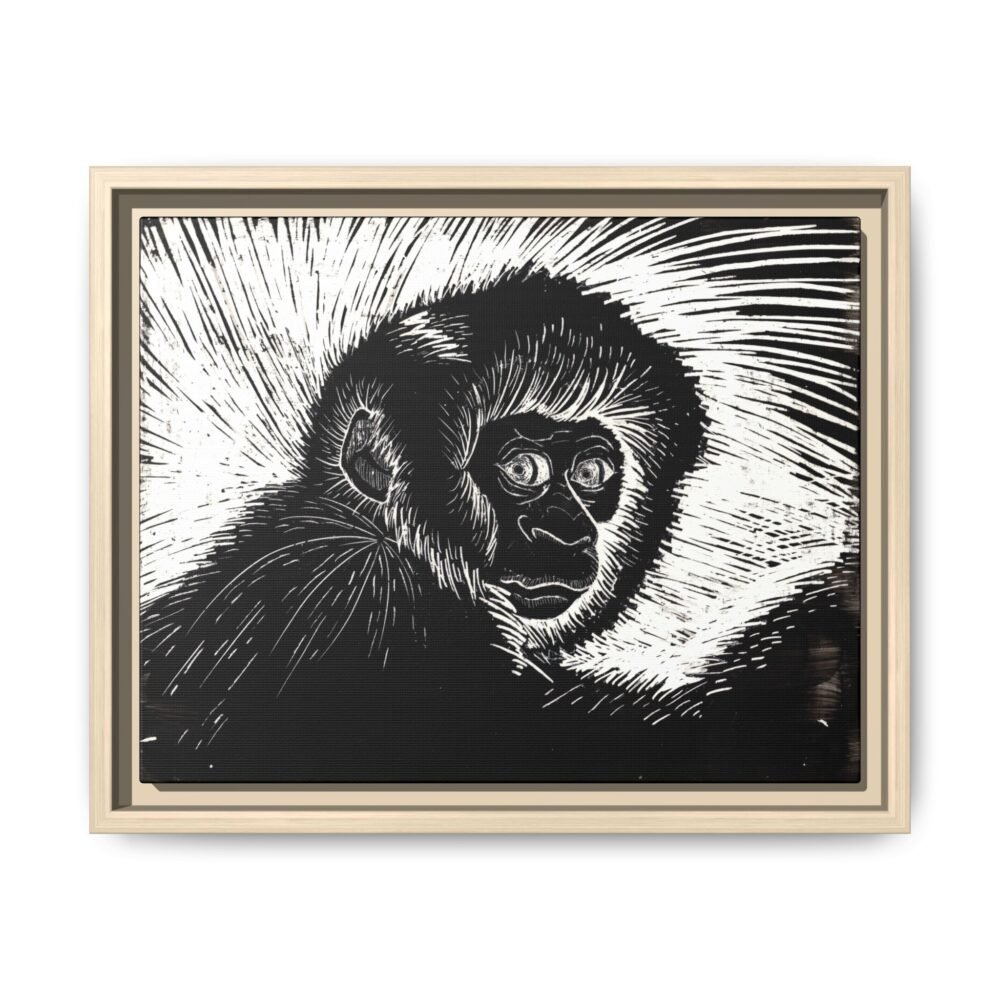 Framed Monkey Monochrome Etching Print | Black and White Matte Canvas Wall Art