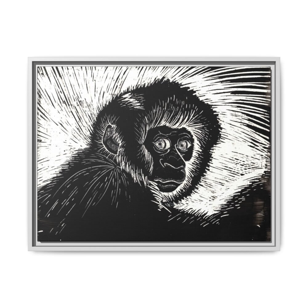 Framed Monkey Monochrome Etching Print | Black and White Matte Canvas Wall Art