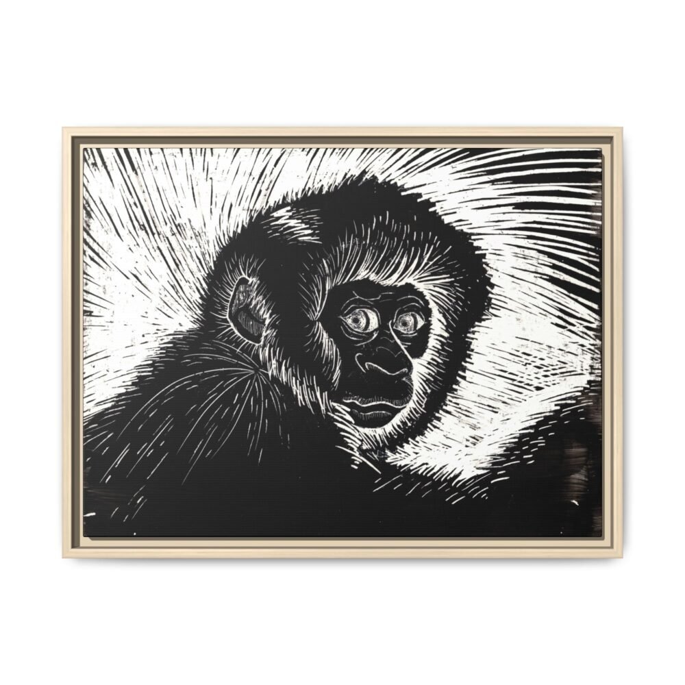 Framed Monkey Monochrome Etching Print | Black and White Matte Canvas Wall Art