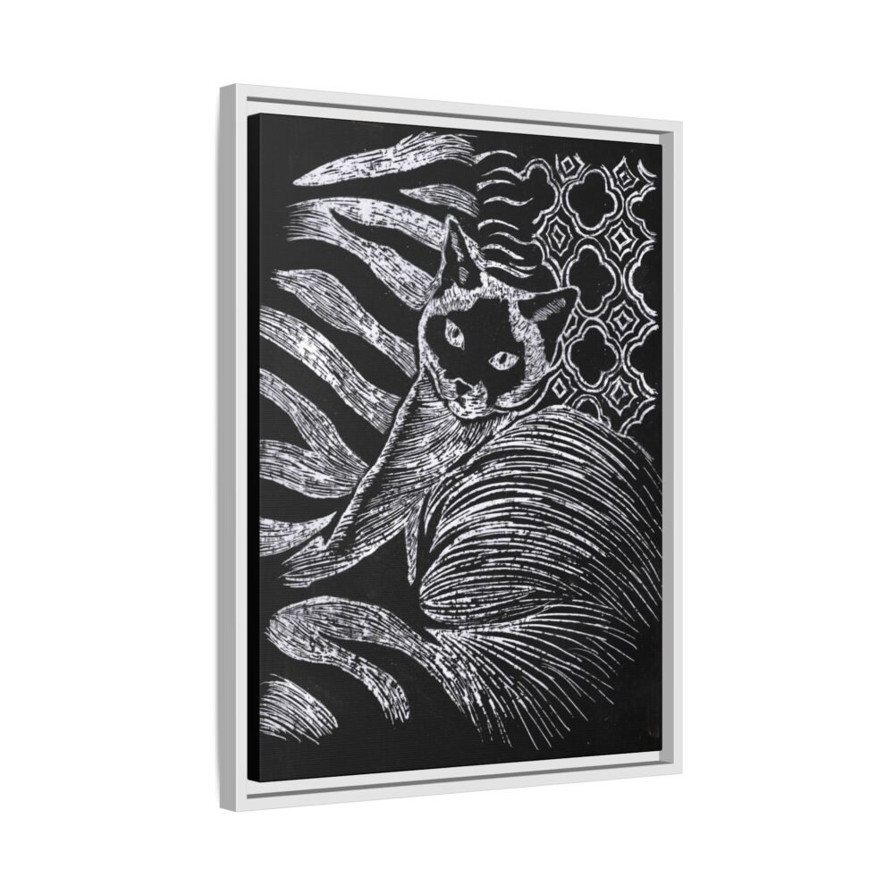Monochrome Etched Siamese Cat Framed Canvas | Black and White Wall Art