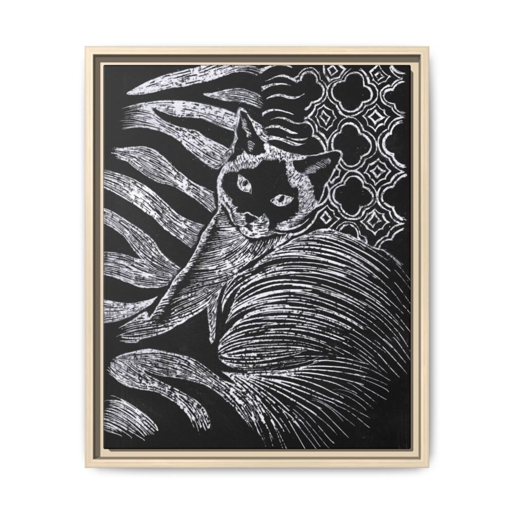 Monochrome Etched Siamese Cat Framed Canvas | Black and White Wall Art