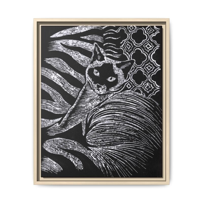 Monochrome Etched Siamese Cat Framed Canvas | Black and White Wall Art - Image 7