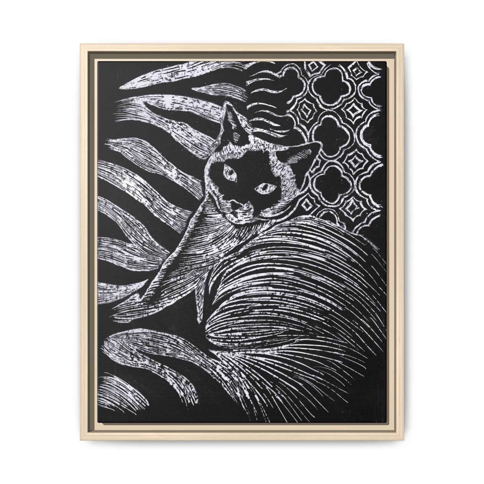 Monochrome Etched Siamese Cat Framed Canvas | Black and White Wall Art - Image 7
