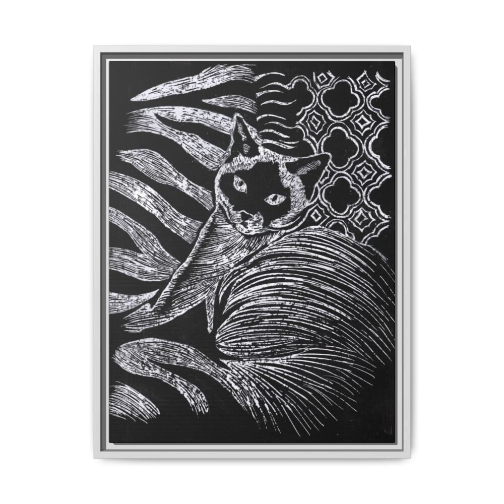 Monochrome Etched Siamese Cat Framed Canvas | Black and White Wall Art