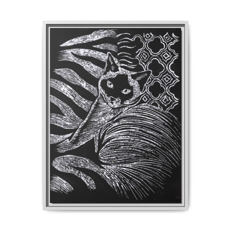 Monochrome Etched Siamese Cat Framed Canvas | Black and White Wall Art - Image 17