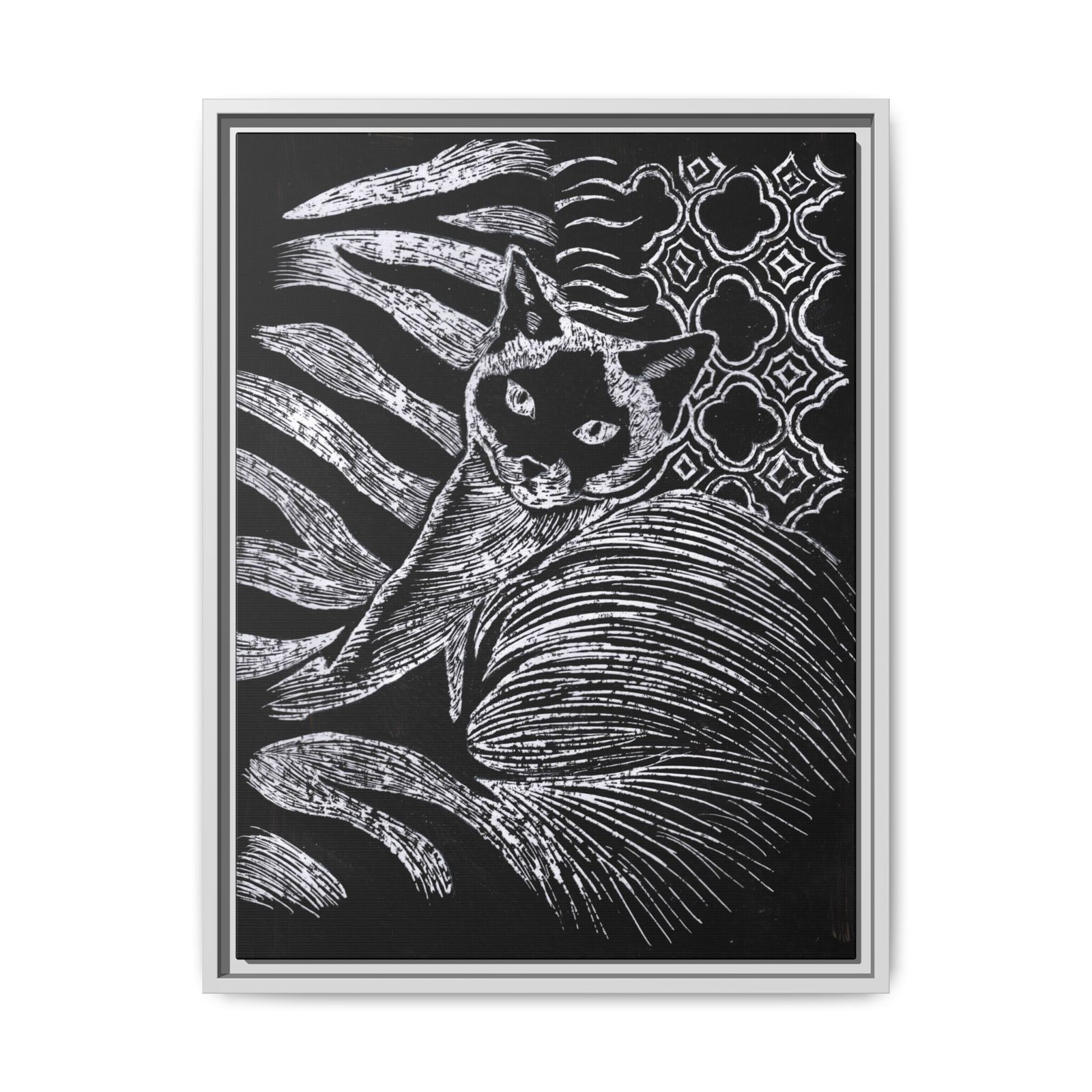 Monochrome Etched Siamese Cat Framed Canvas | Black and White Wall Art - Image 17