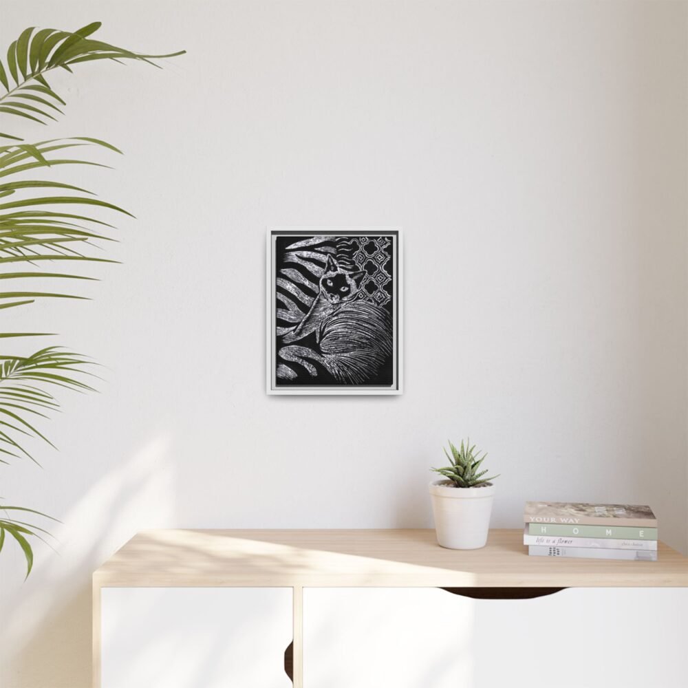 Monochrome Etched Siamese Cat Framed Canvas | Black and White Wall Art