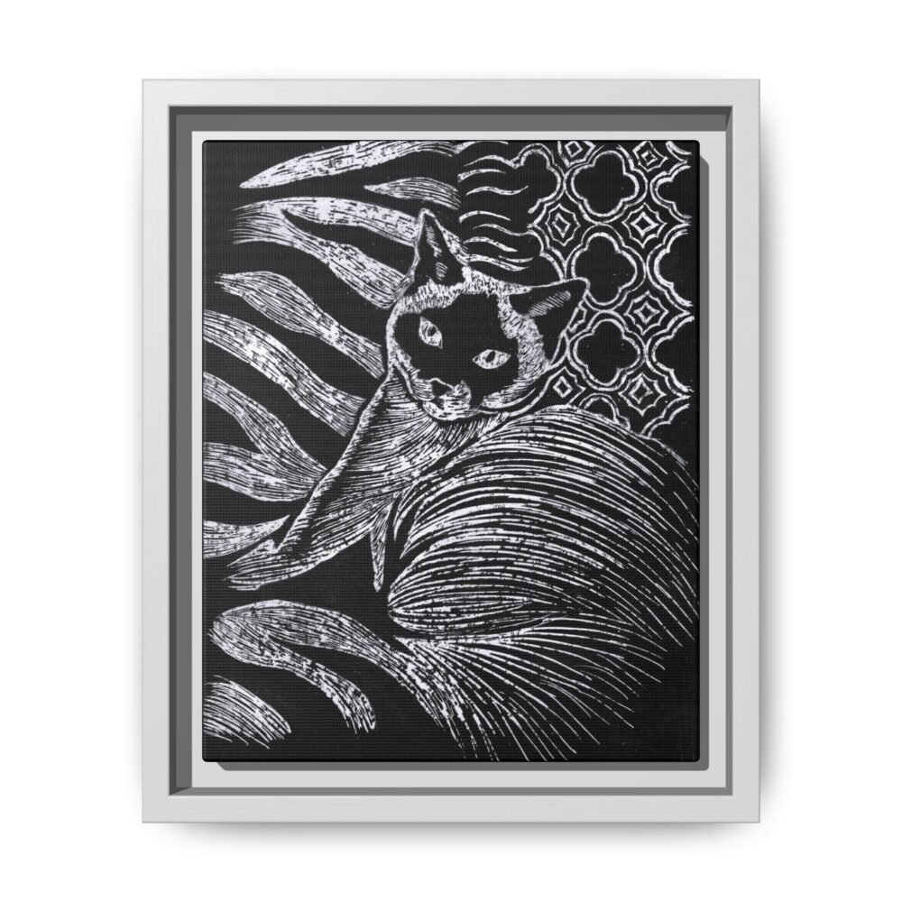 Monochrome Etched Siamese Cat Framed Canvas | Black and White Wall Art